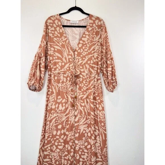 Petal & Pup Dress Brown Katerina Maxi V Neck Button Down Floral Boho Medium - Picture 5 of 12